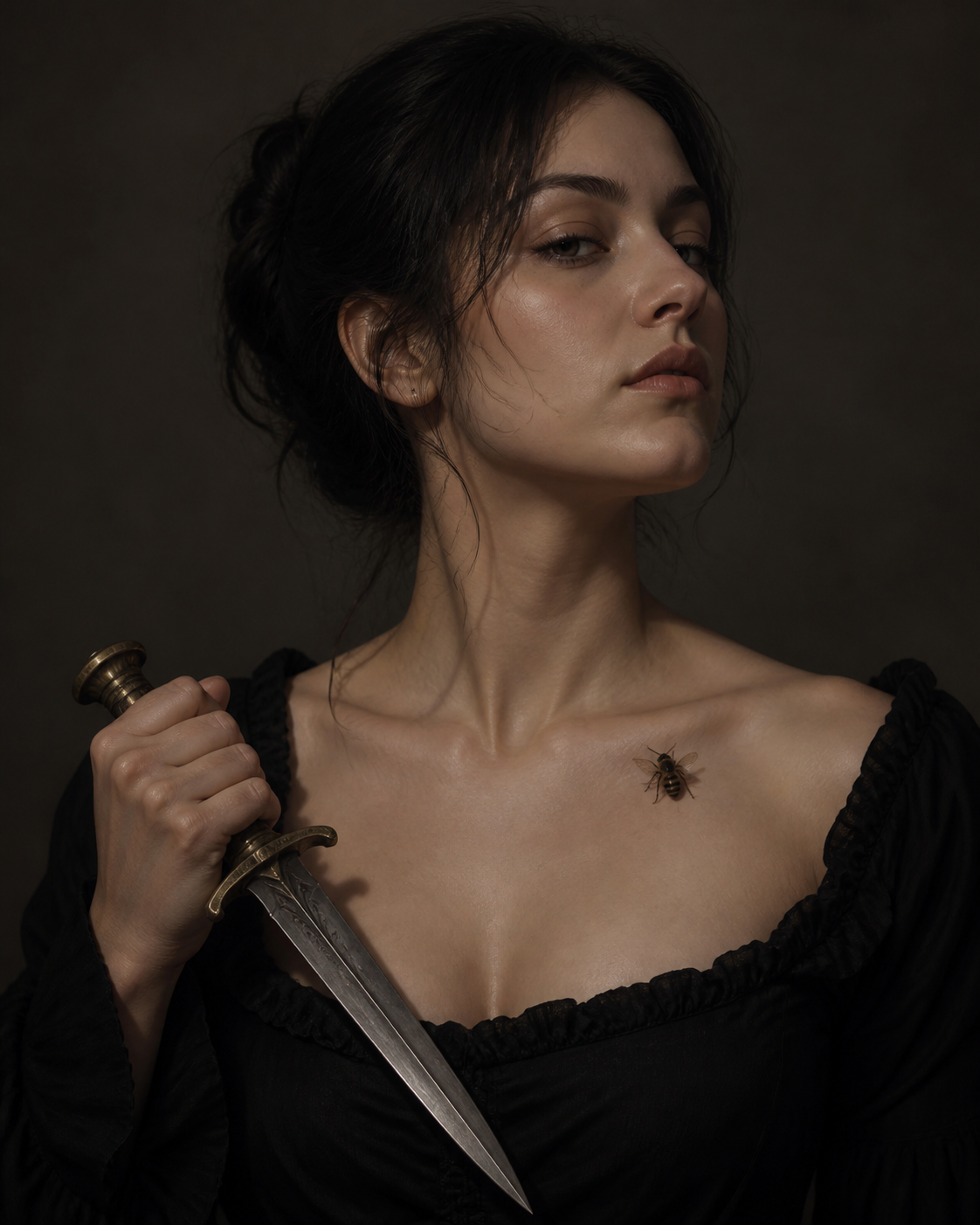 gpt-image-2 render: Surreal Portrait Of Woman With Bee And Dagger