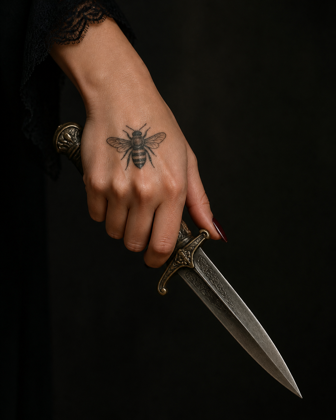 gpt-image-2 render: Surreal Close-Up of Woman’s Hand Holding Dagger With Bee Tattoo