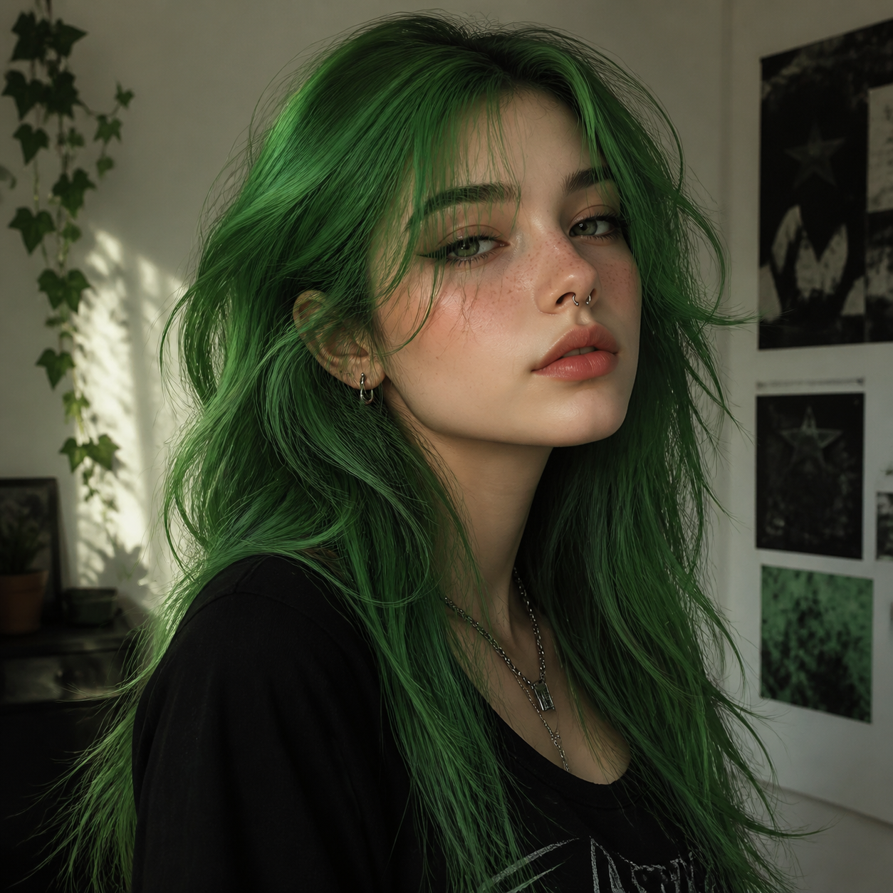 gpt-image-2 render: Green-Haired Girl Portrait In Minimalist Fantasy Style