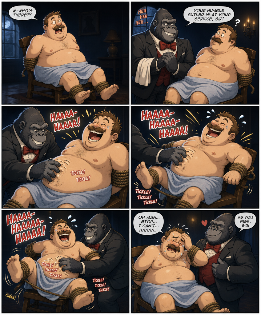 gpt-image-2 render: Dark Room Comic: Bound Dad Tickled by Gorilla Butler