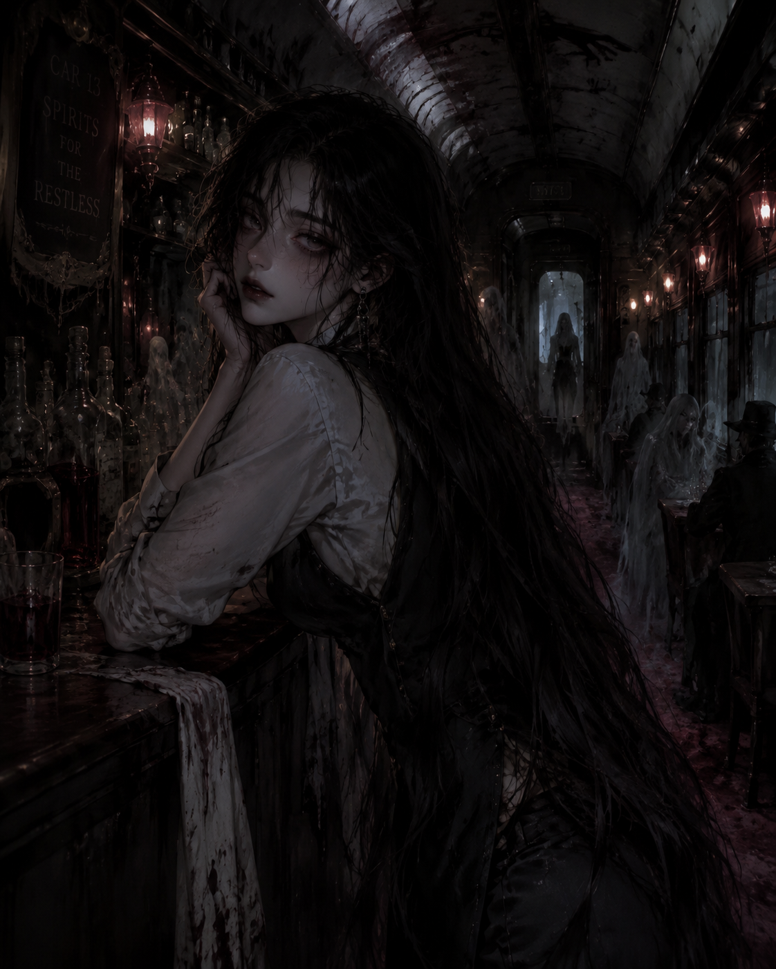 gpt-image-2 render: Unsettling Yet Pretty Haunted Train Bartender Portrait