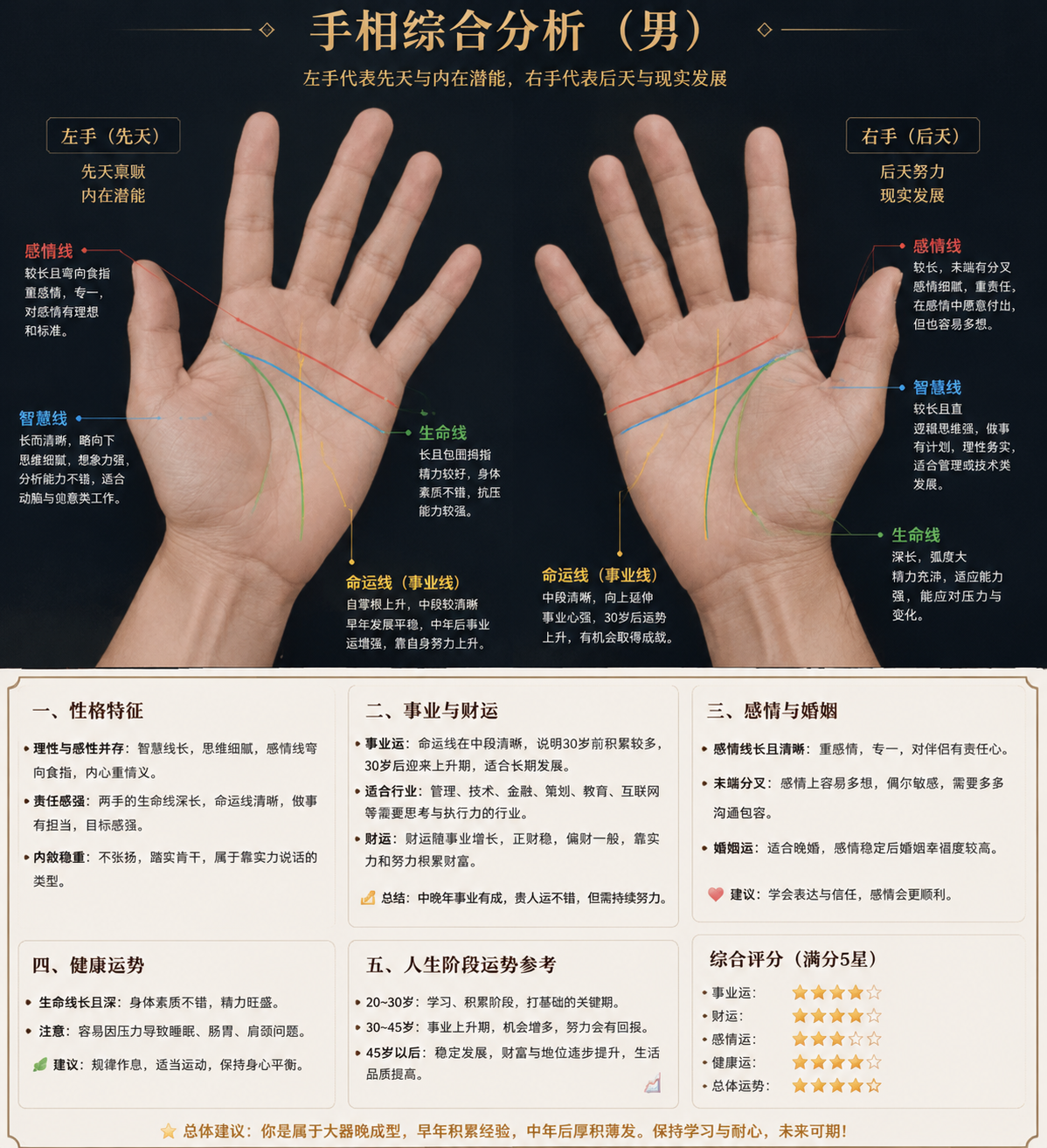 gpt-image-2 render: 男性 左右手 掌纹 特写 手相 解析