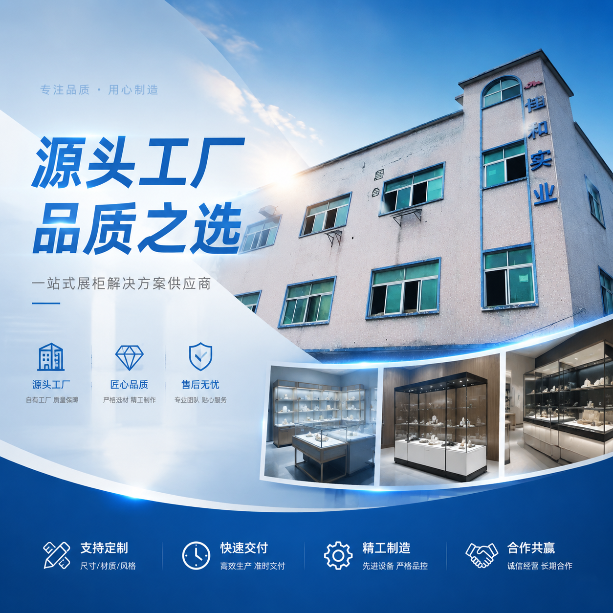 生成社交媒体宣传封面，需要简单大气，展柜源头工厂
