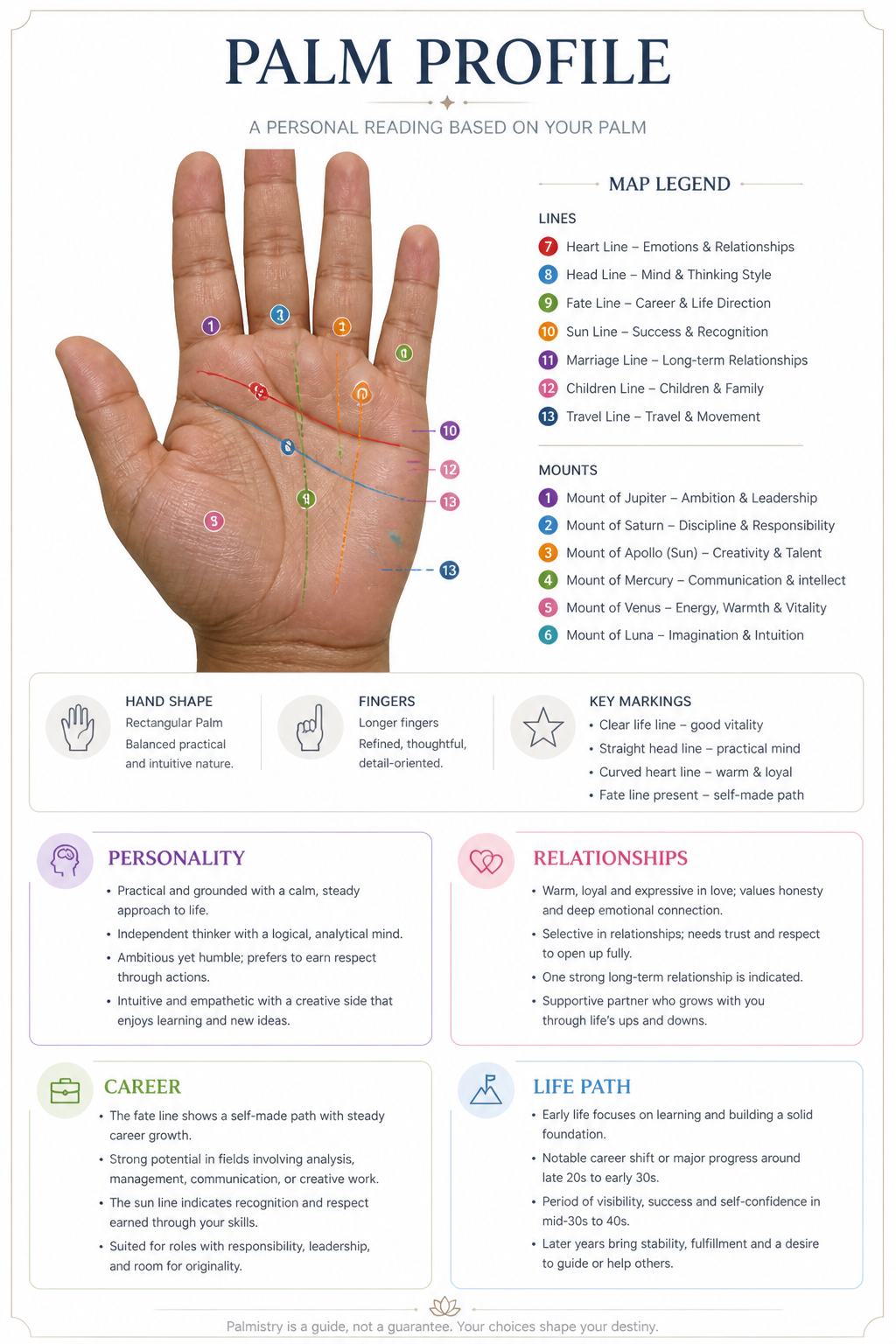 gpt-image-2 render: Minimalist Palmistry Infographic With Unedited Palm Photo and Markers