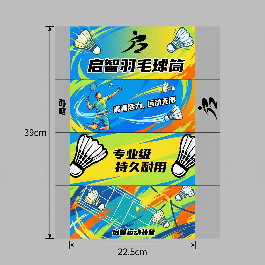 明确这是在圆柱体表面的包装。设计款看起来青春有活力带有运动元素的羽毛球筒子包装，看见就想上手多看几眼的，品牌叫启智。我需要的是平面展开的图纸。羽毛筒包装是高39cm宽22.5cm。四等分构图，不要剪裁线和折痕。他是在圆柱体上的包装，不需要。