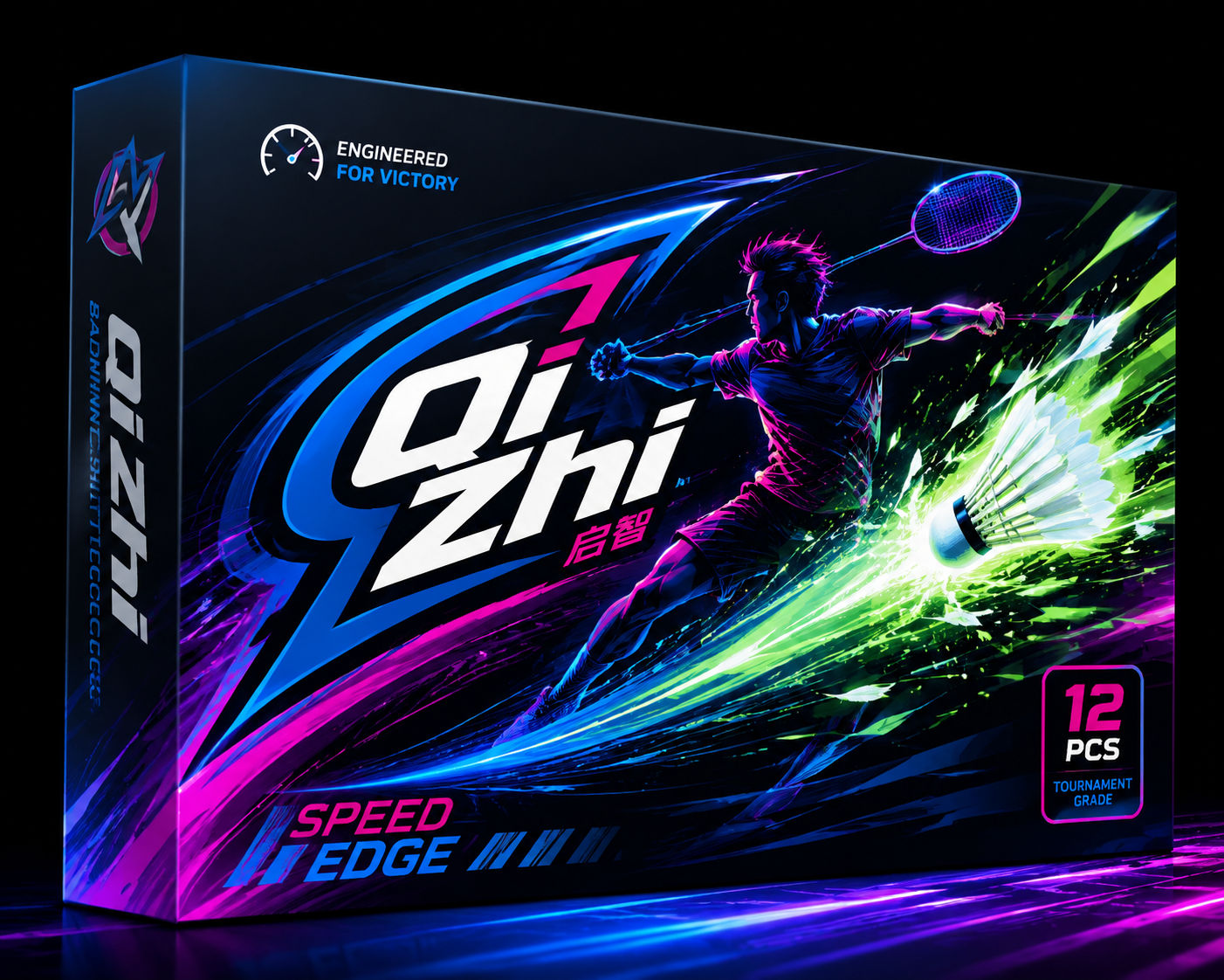 Design A focuses on speed and competitive edge. The packaging is dominated by dynamic, sweeping graphic lines in elec...
