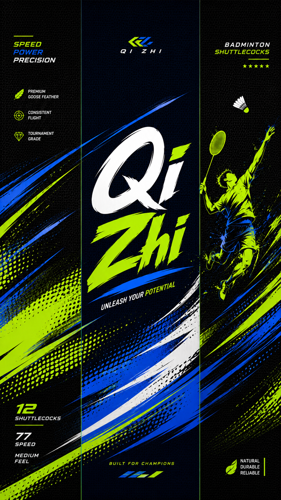A flat 2D unrolled label graphic design for a cylindrical badminton shuttlecock tube, wide landscape format. Structur...