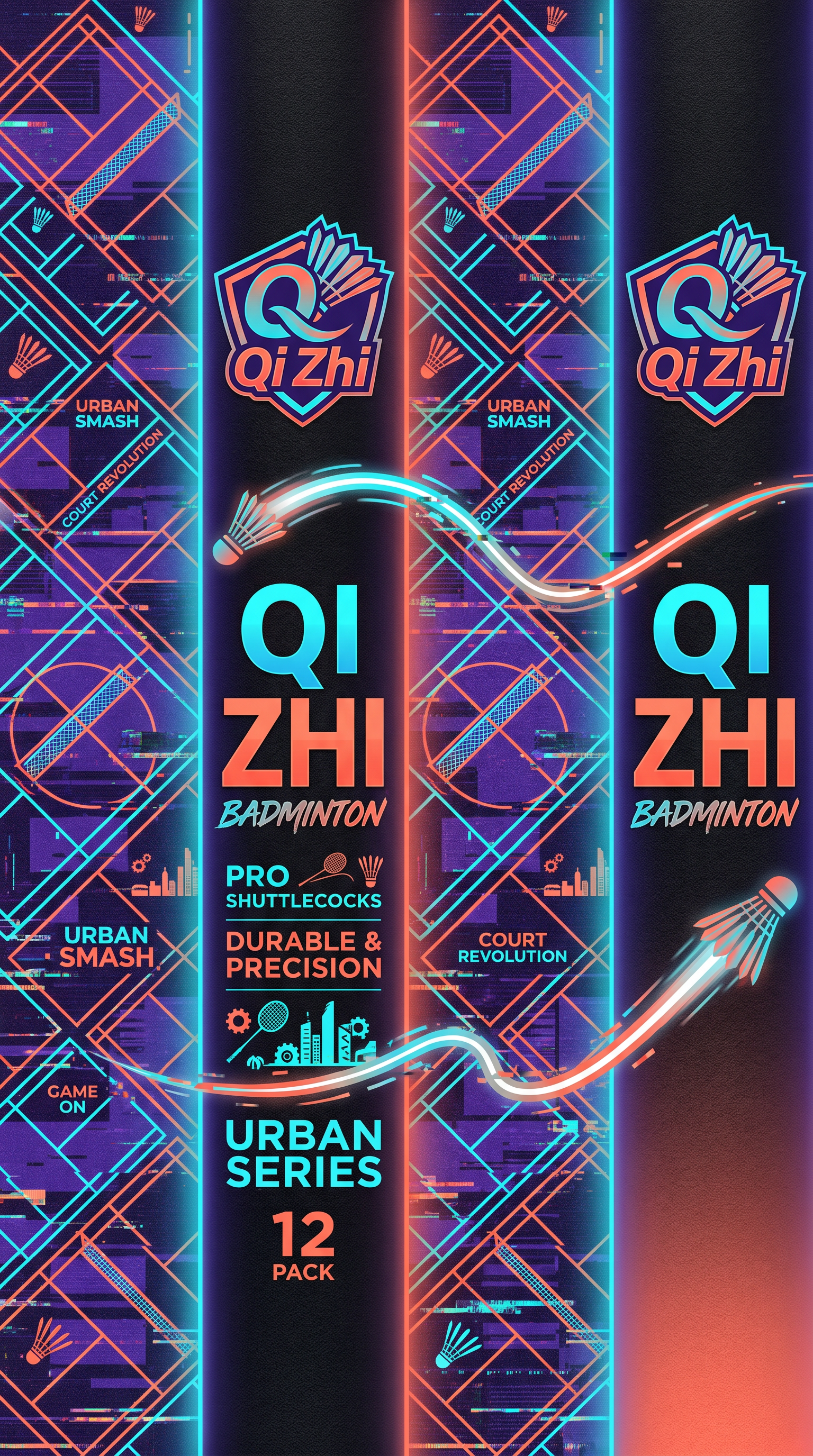 A flat 2D unrolled label graphic design for a cylindrical badminton shuttlecock tube, wide landscape format. Structur...