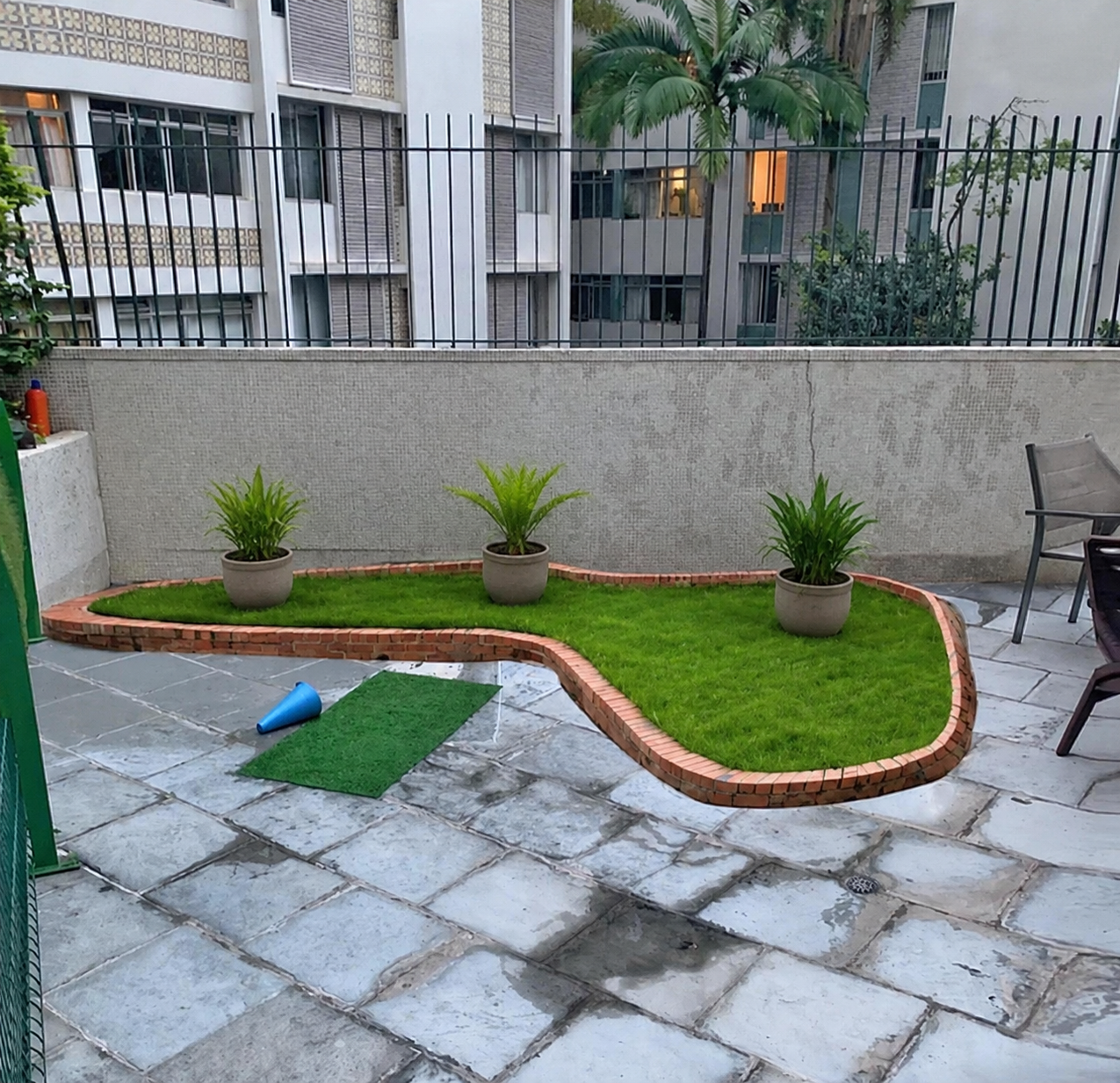 gpt-image-2 render: Three Small Plant Vases on a Construction Site Lawn