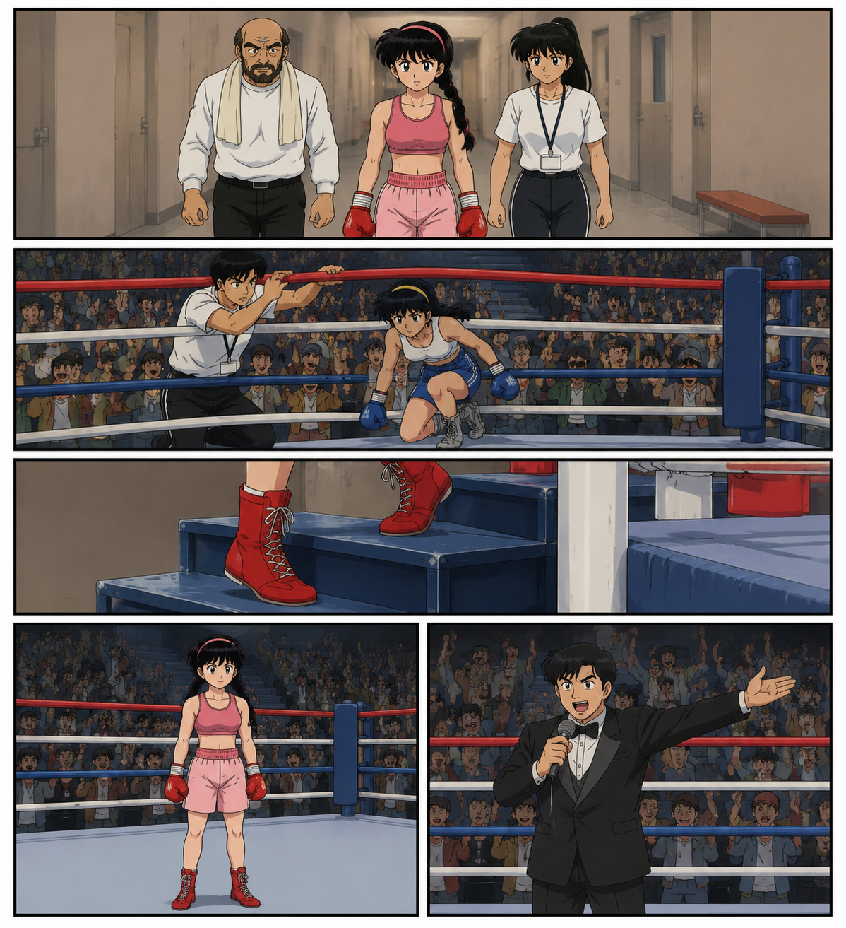 gpt-image-2 render: 日式赛璐璐 漫画分镜 女拳手 入场 擂台 开赛 观众席