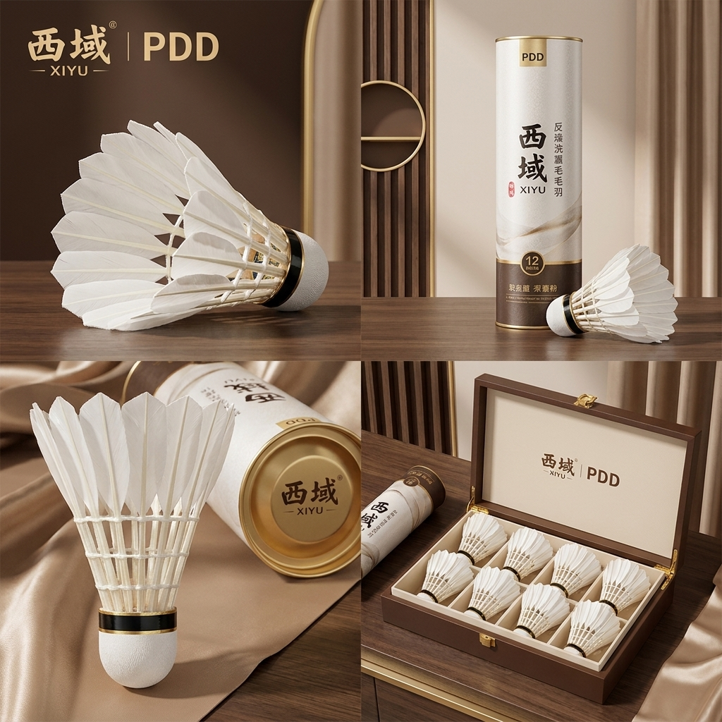 做高端电商主图，pdd用，品牌为喜羽，采用鹅毛反洗全圆球片。给羽毛球做不同的组合