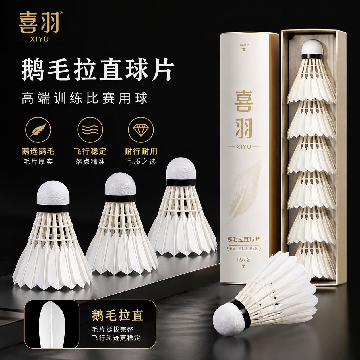 做高端电商主图，pdd用，品牌为喜羽，采用鹅毛拉直球片。给羽毛球做不同的组合