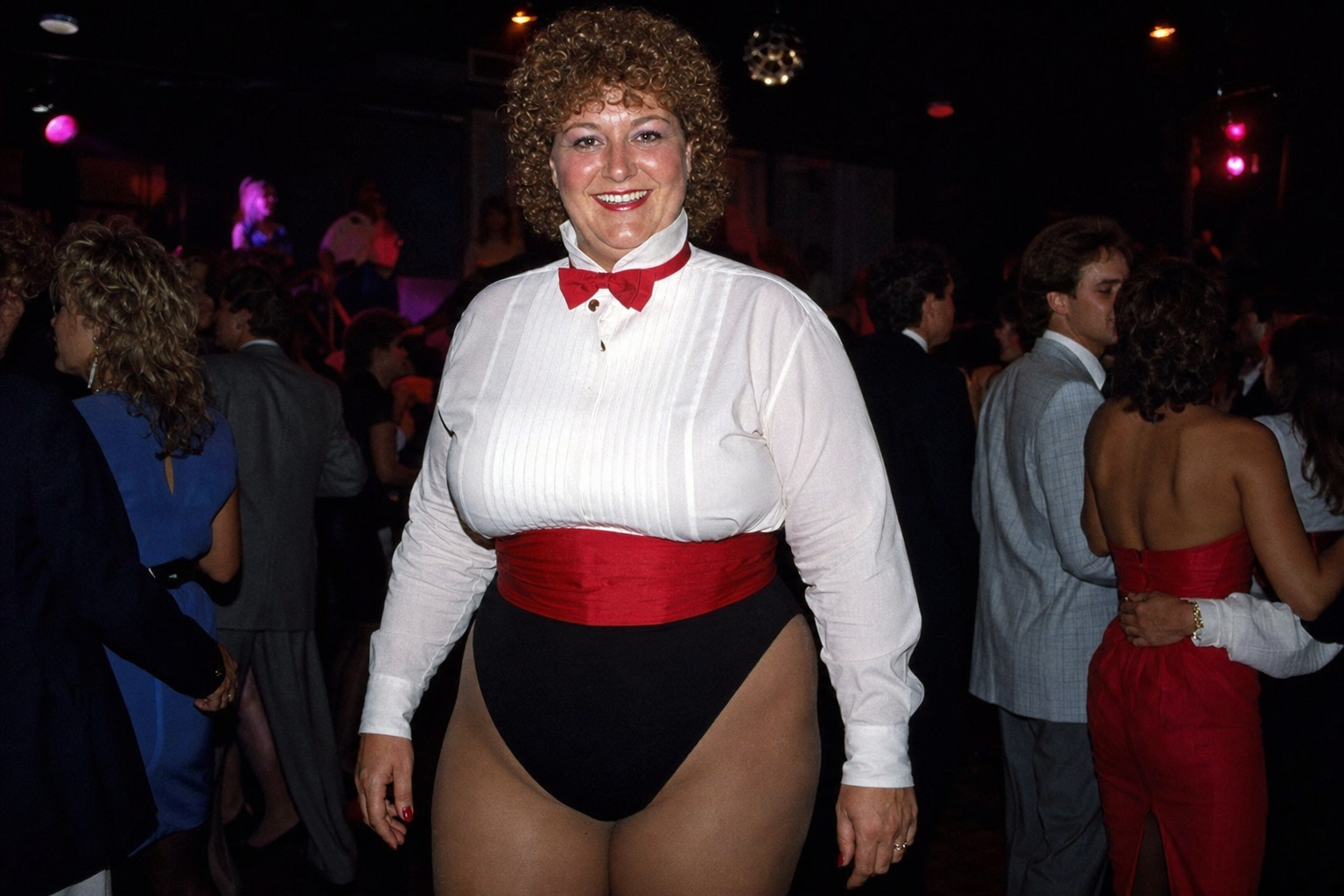 Photorealistic candid picture from 1987, Sweet beautiful middle-aged smiling tall obese body type with wide hips and ...