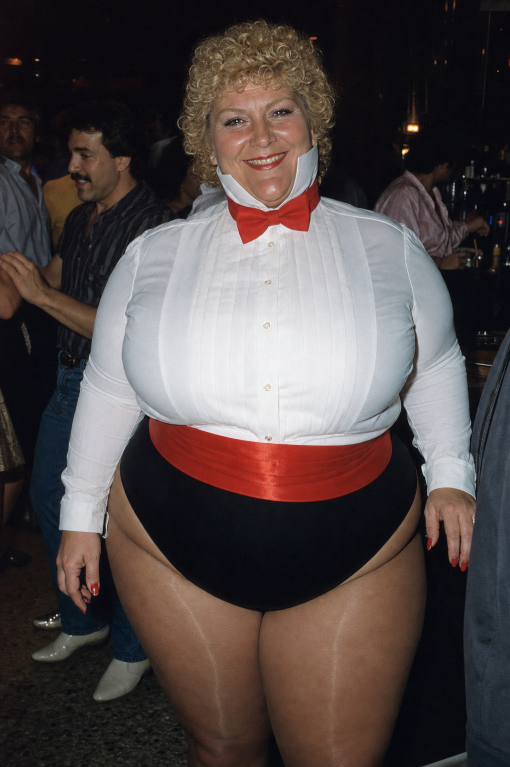 Photorealistic candid picture from 1985, Sweet beautiful middle-aged smiling tall obese body type with wide hips and ...