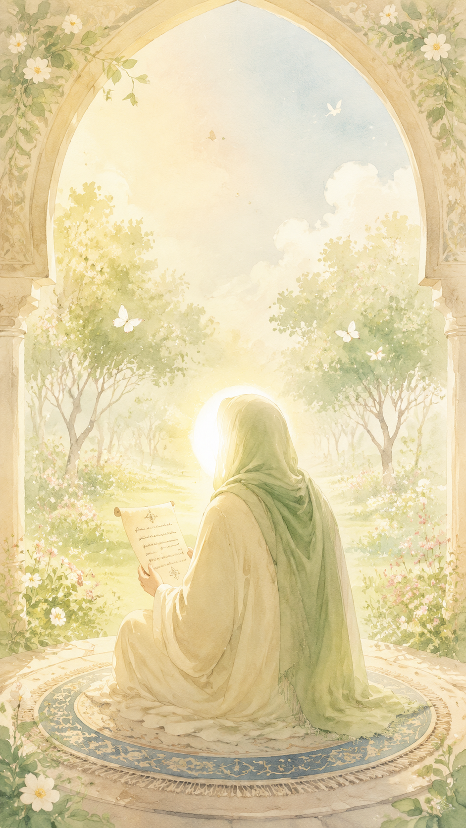 gpt-image-2 render: Soft Watercolor Faceless Figure In Peaceful Heavenly Garden