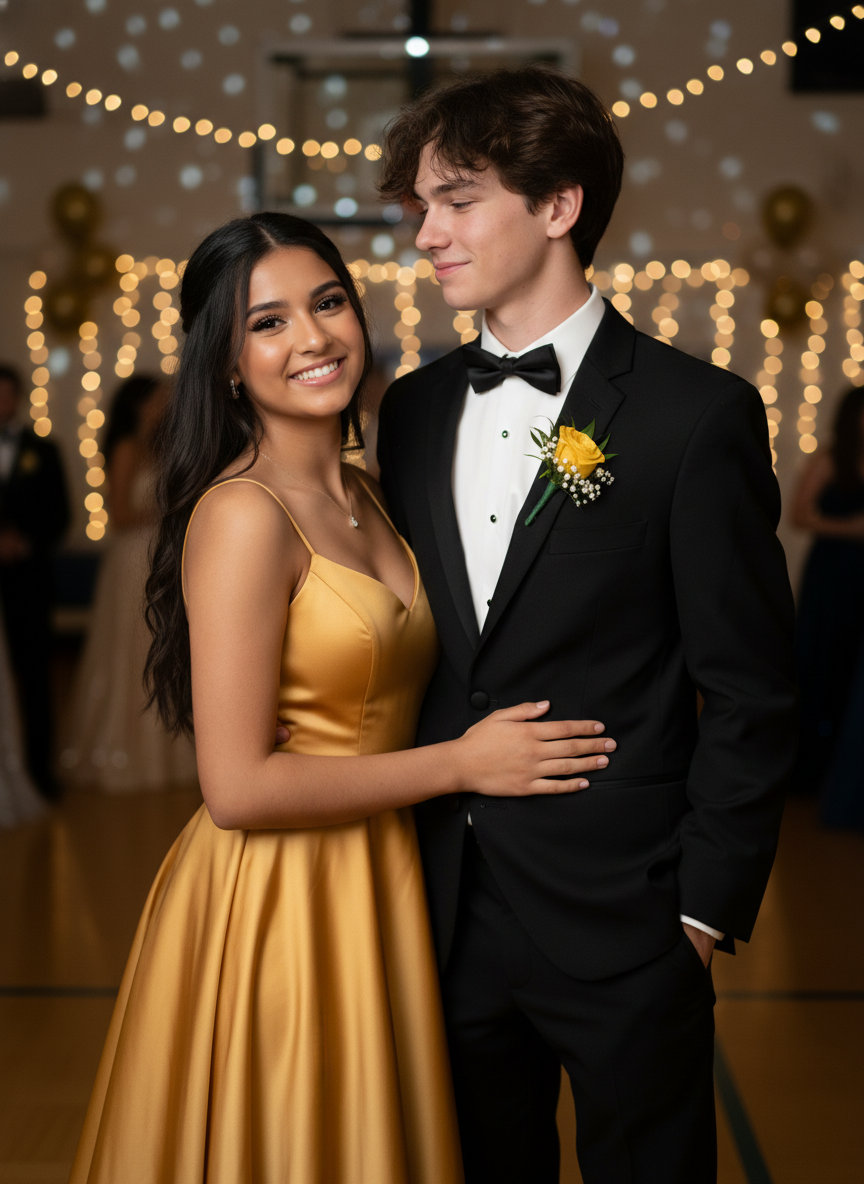 nano-banana render: Romantic Prom Couple Portrait, Girl In Yellow Dress
