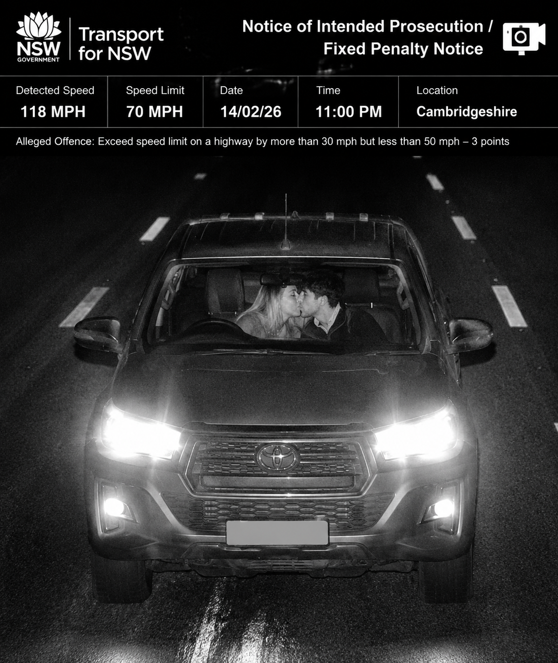 gpt-image-2 render: Grainy Night Speed Camera Ticket Photo of Kissing Pickup
