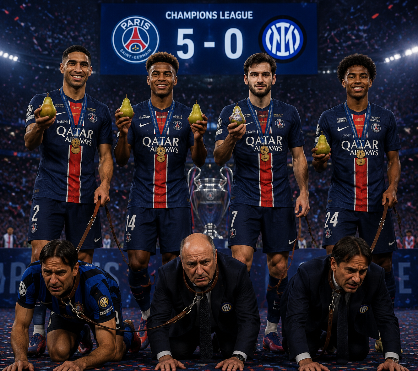 gpt-image-2 render: PSG Players Holding Pears After 5-0 Champions League Victory