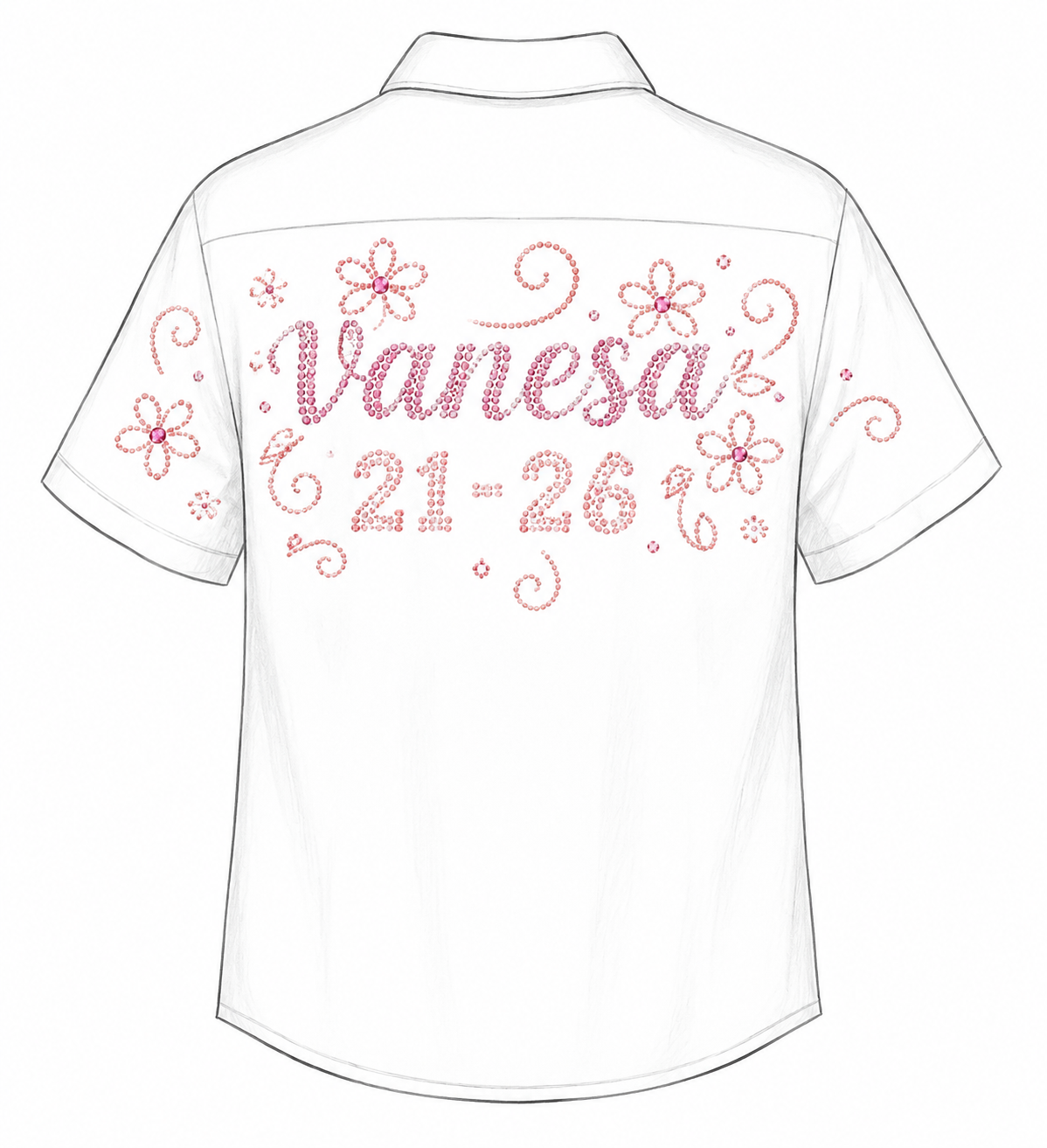 gpt-image-2 render: White Shirt Back Design With Cursive Name And Gem Florals