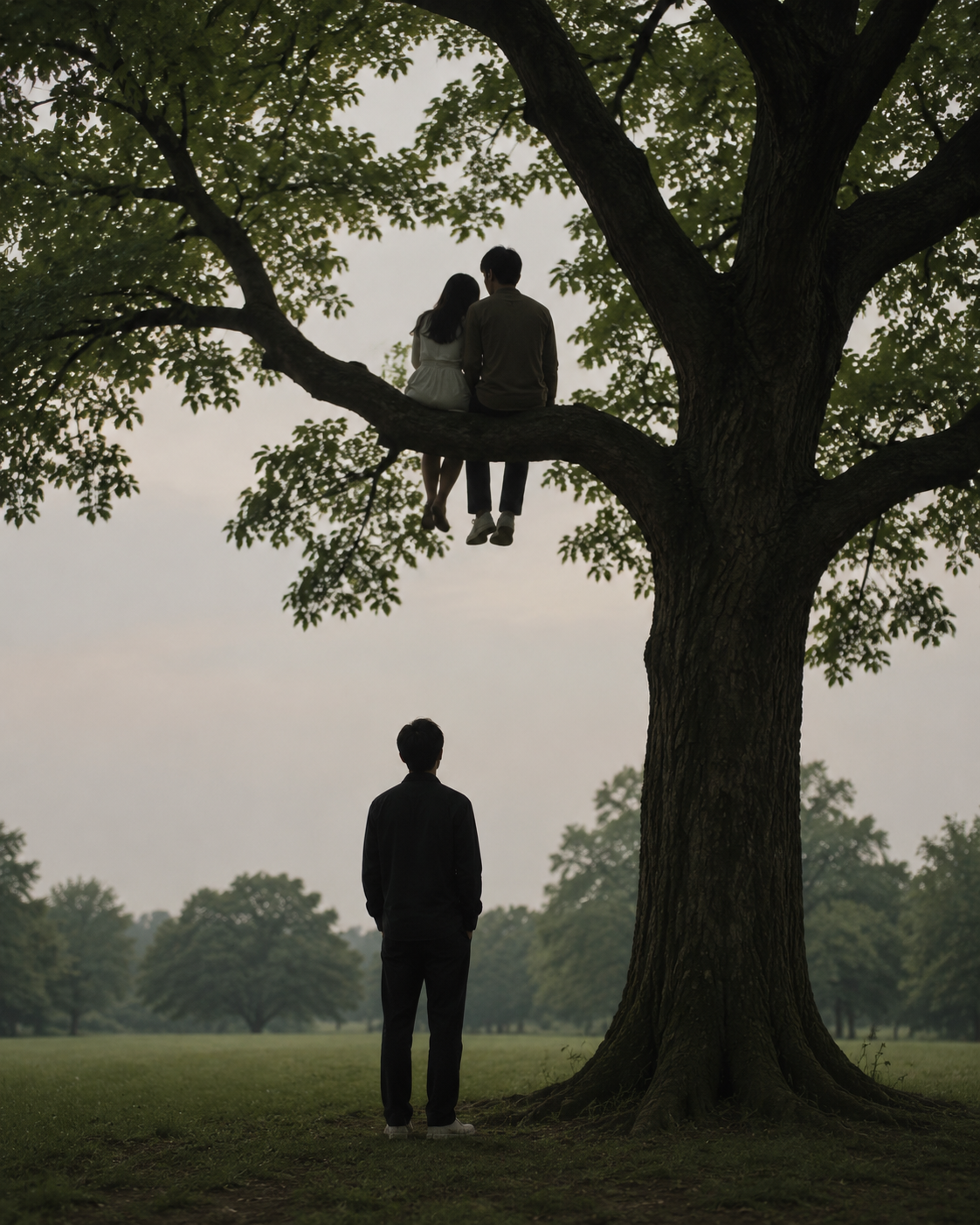 gpt-image-2 render: Couple in Tree With Man Standing Below
