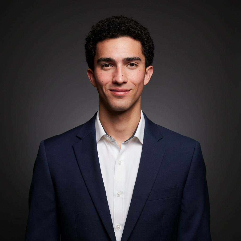 nano-banana render: Professional LinkedIn Headshot With Dark Background And Navy Blazer