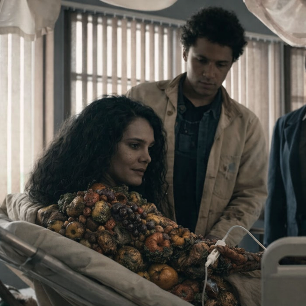 gpt-image-2 render: Surreal Woman Formed From Rotting Fruit In Bed