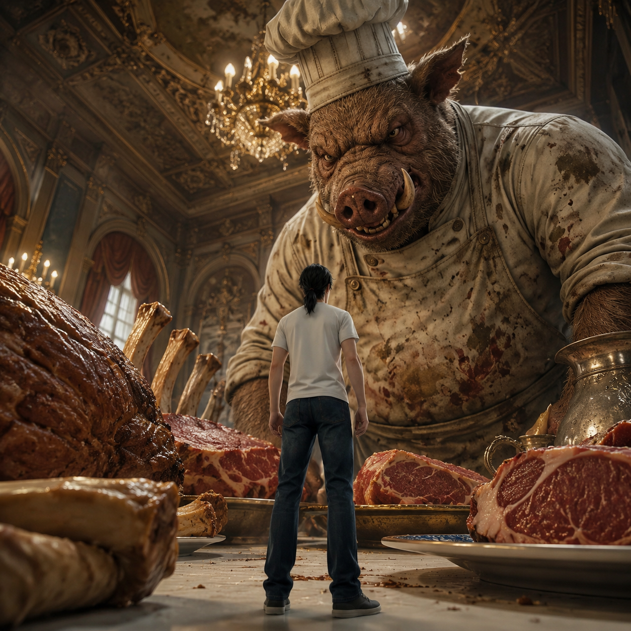gpt-image-2 render: 巨型宴会厅 圆桌小人 猪头屠夫 国漫3D 广角仰拍