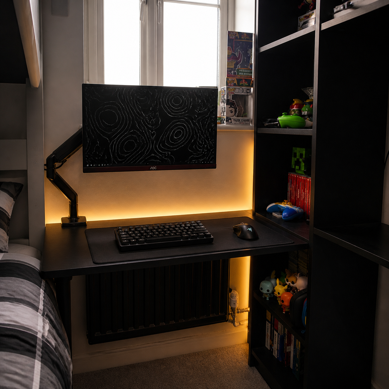 gpt-image-2 render: Minimal Gaming Desk Setup With LEDs And Monitor Arm