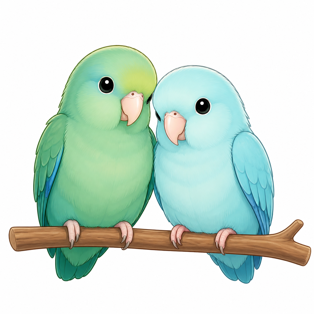 gpt-image-2 render: Two Cartoon Pacific Parrotlets In Green And Tiffany Blue