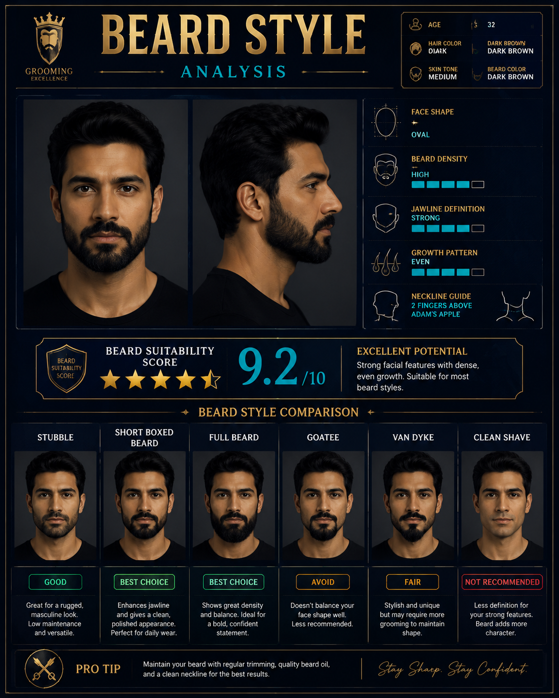 gpt-image-2 render: Premium Beard Style Analysis Infographic Poster With Dual Profiles