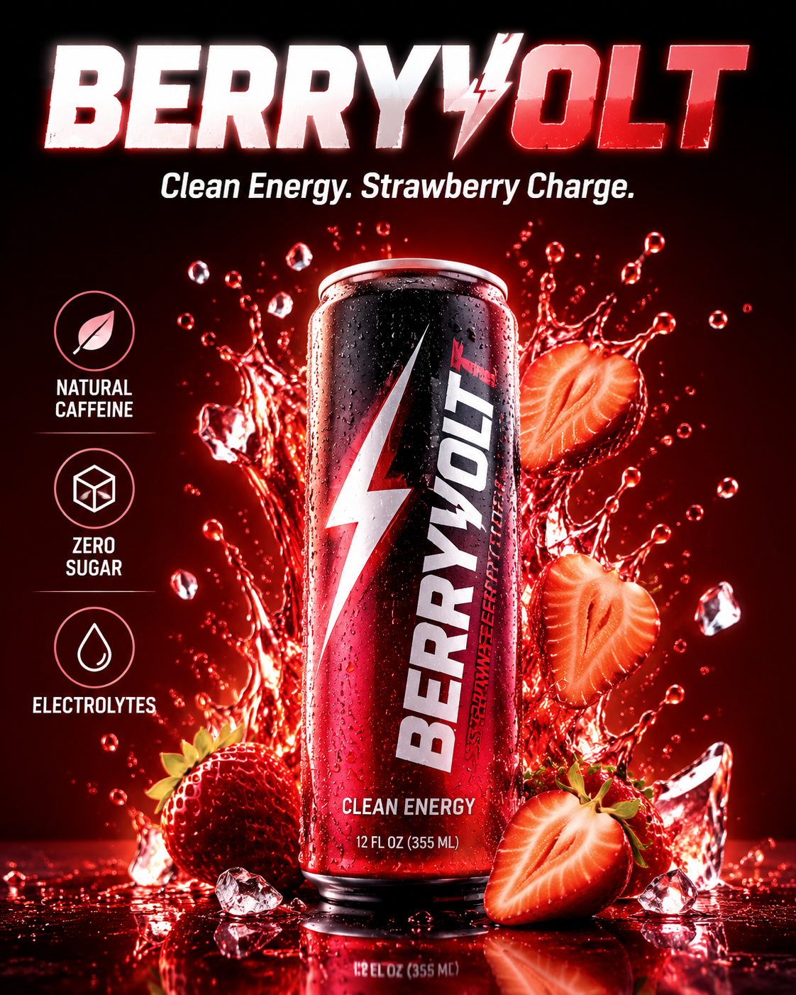 gpt-image-2 render: Premium Strawberry Energy Drink Poster, Ultra-Realistic Studio Photography