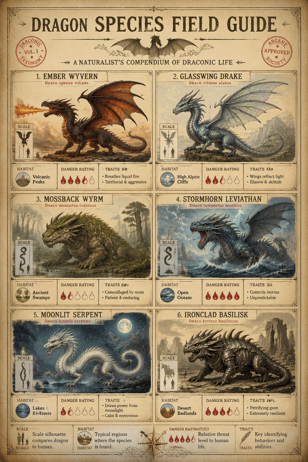 gpt-image-2 render: Vintage Encyclopedia Dragon Species Field Guide Infographic Poster