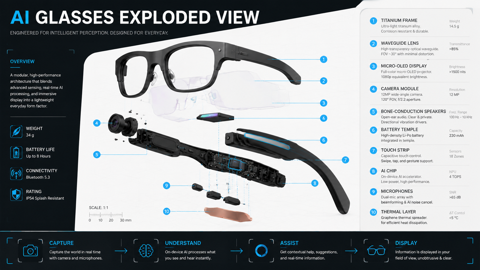gpt-image-2 render: Smart Glasses Exploded View Engineering Infographic With Cyan Highlights