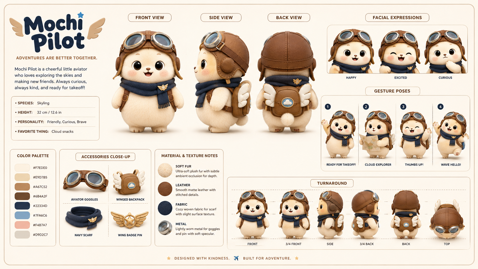 gpt-image-2 render: Cute Aviator Mascot Character Design Sheet, Soft 3D-Toon Model Sheet