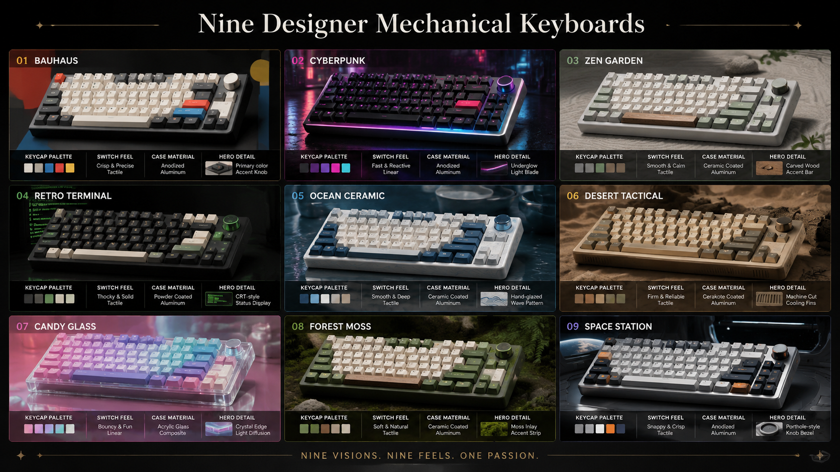 gpt-image-2 render: Nine High-End Mechanical Keyboard Concepts Design Atlas Grid
