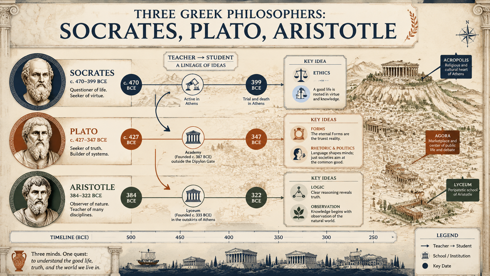 gpt-image-2 render: Museum-Quality Athens Map Timeline of Three Greek Philosophers