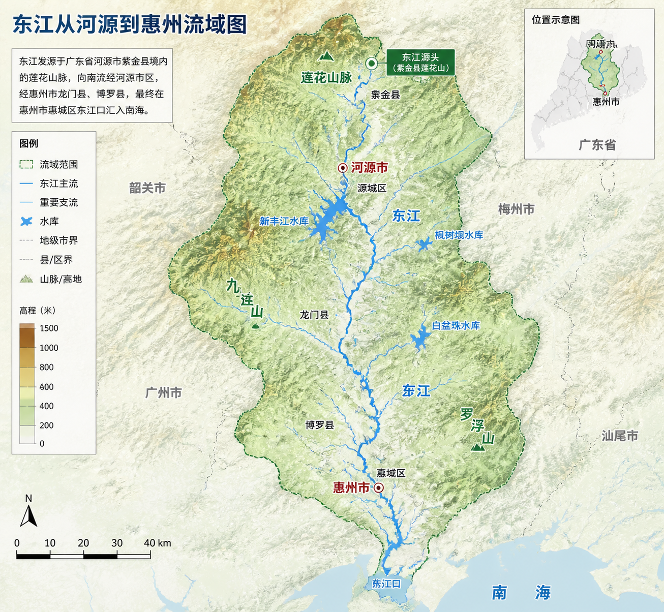 gpt-image-2 render: 东江流域 地形 信息图 地图 河源 至 惠州 标注