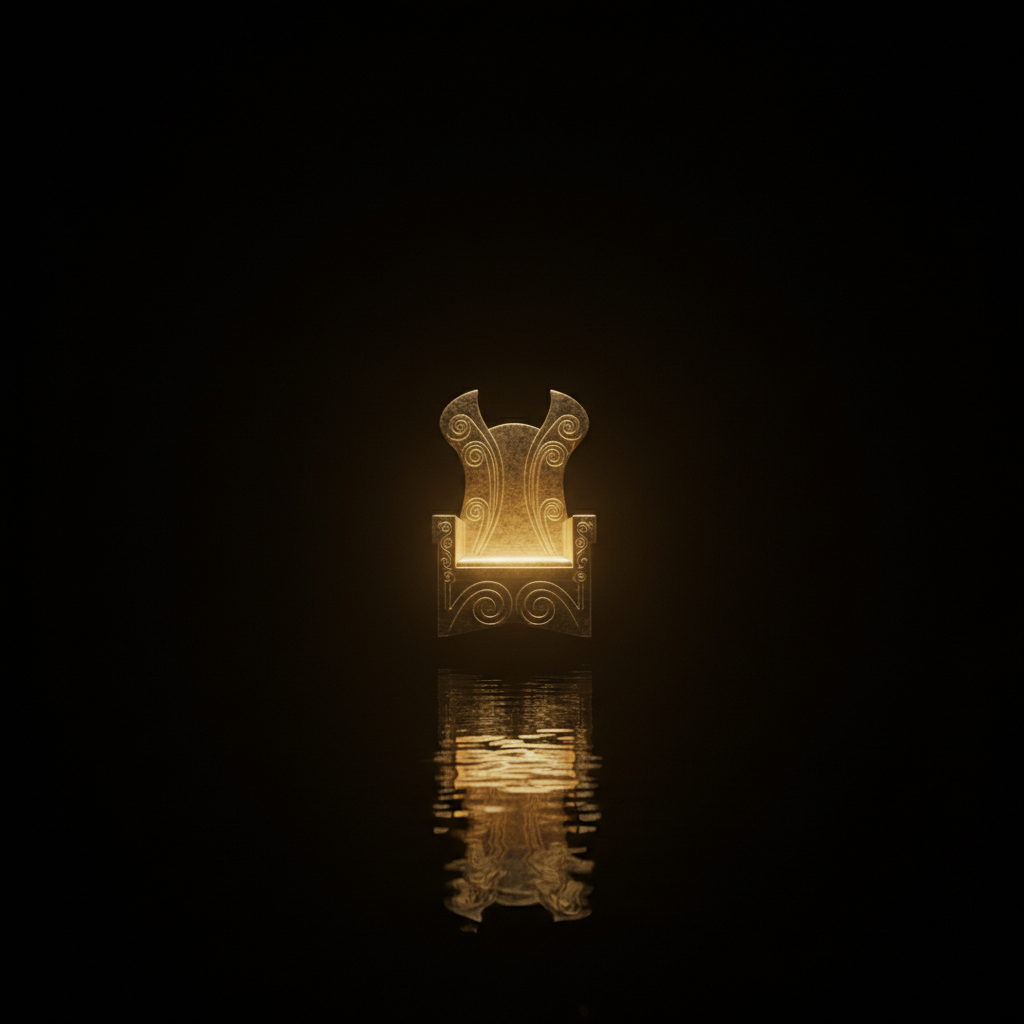 Infinite darkness in all directions. A single magnificent throne floats above a vast, perfectly still body of dark wa...
