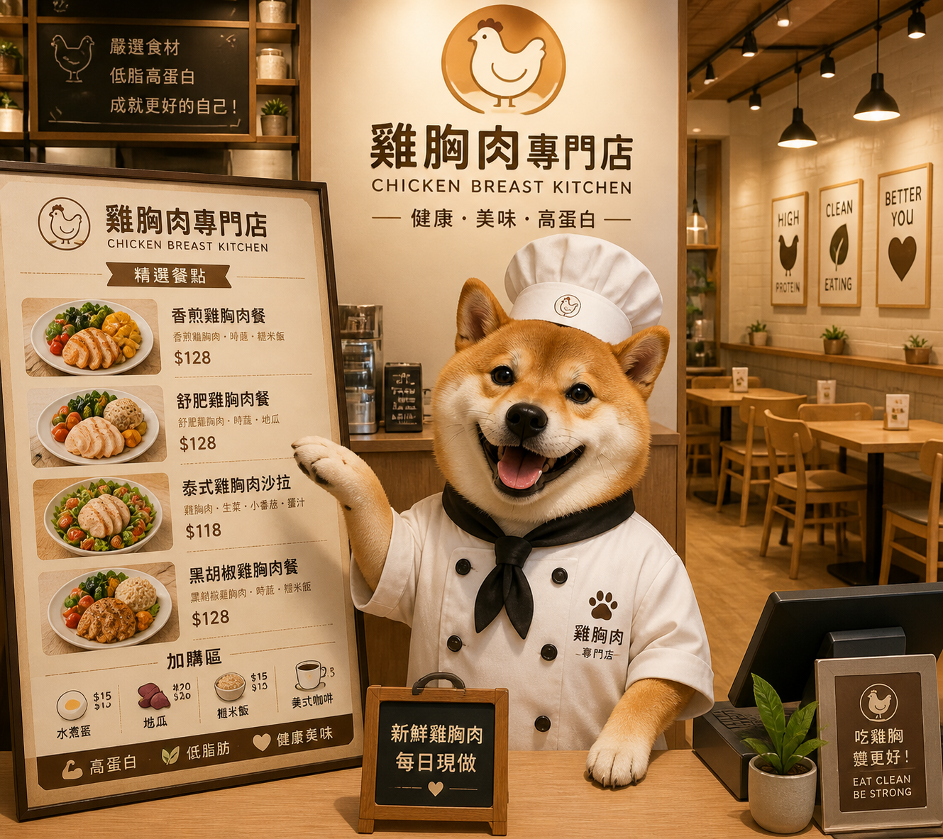 gpt-image-2 render: Shiba Inu Chef Working in Chicken Breast Restaurant Interior