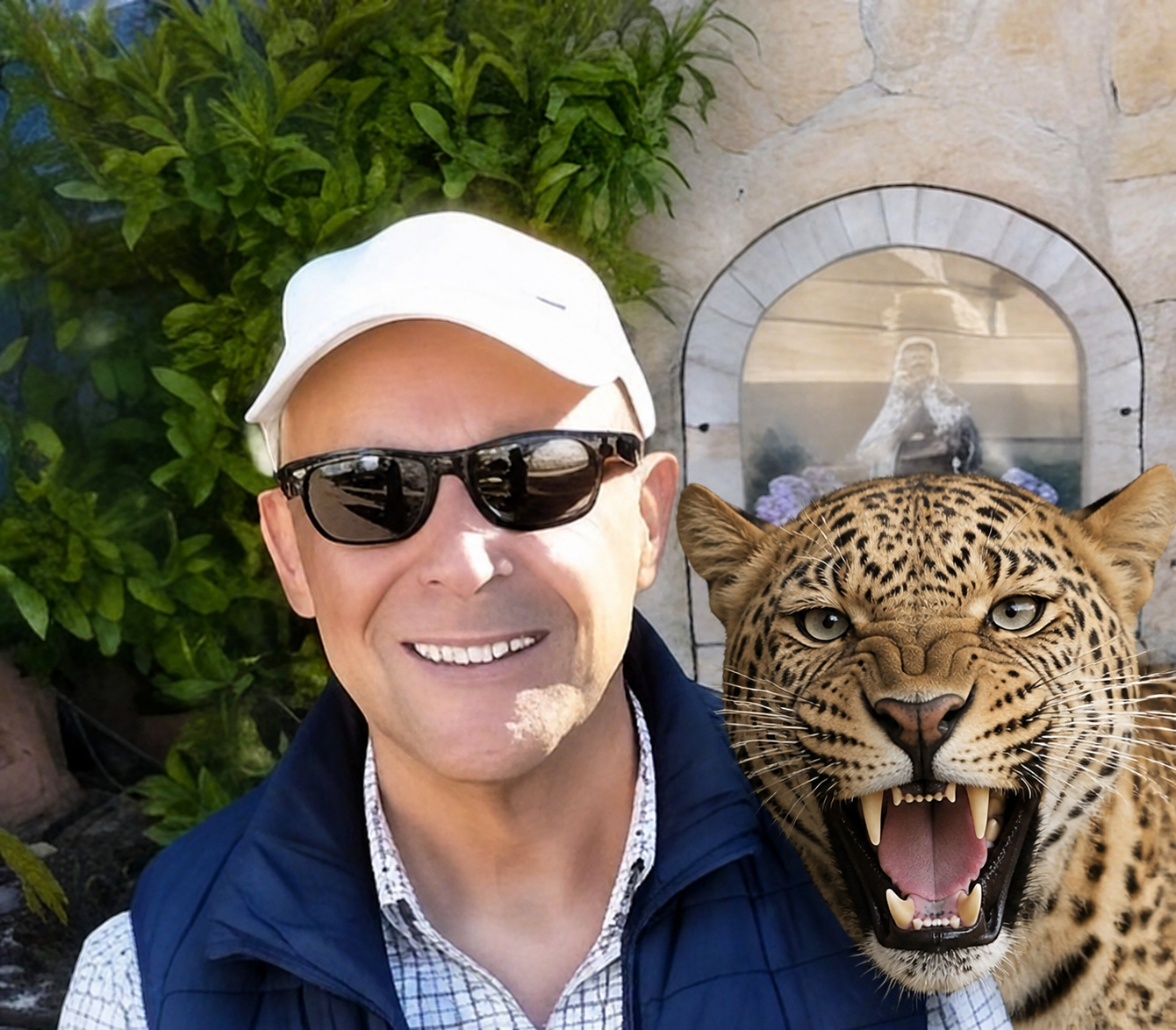 gpt-image-2 render: Open-Mouthed Leopard Head Portrait Beside The Subject