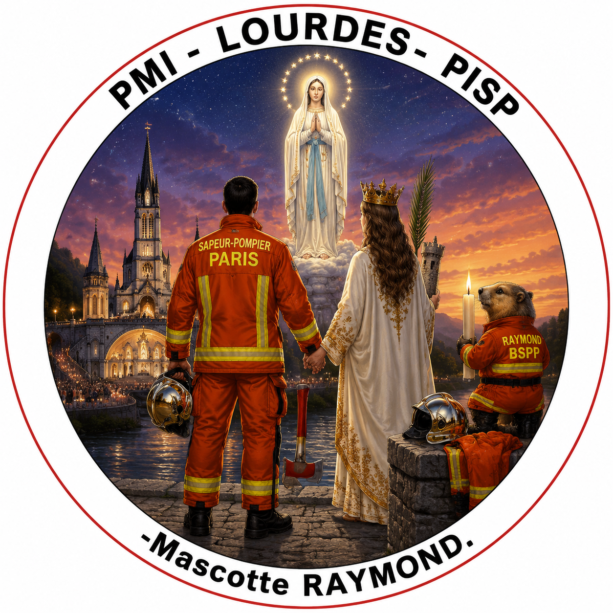 Un pompier de Paris en tenue de feu orange inscrit en jaune : SAPEUR-POMPIER tenant de la main gauche une hache et sa...