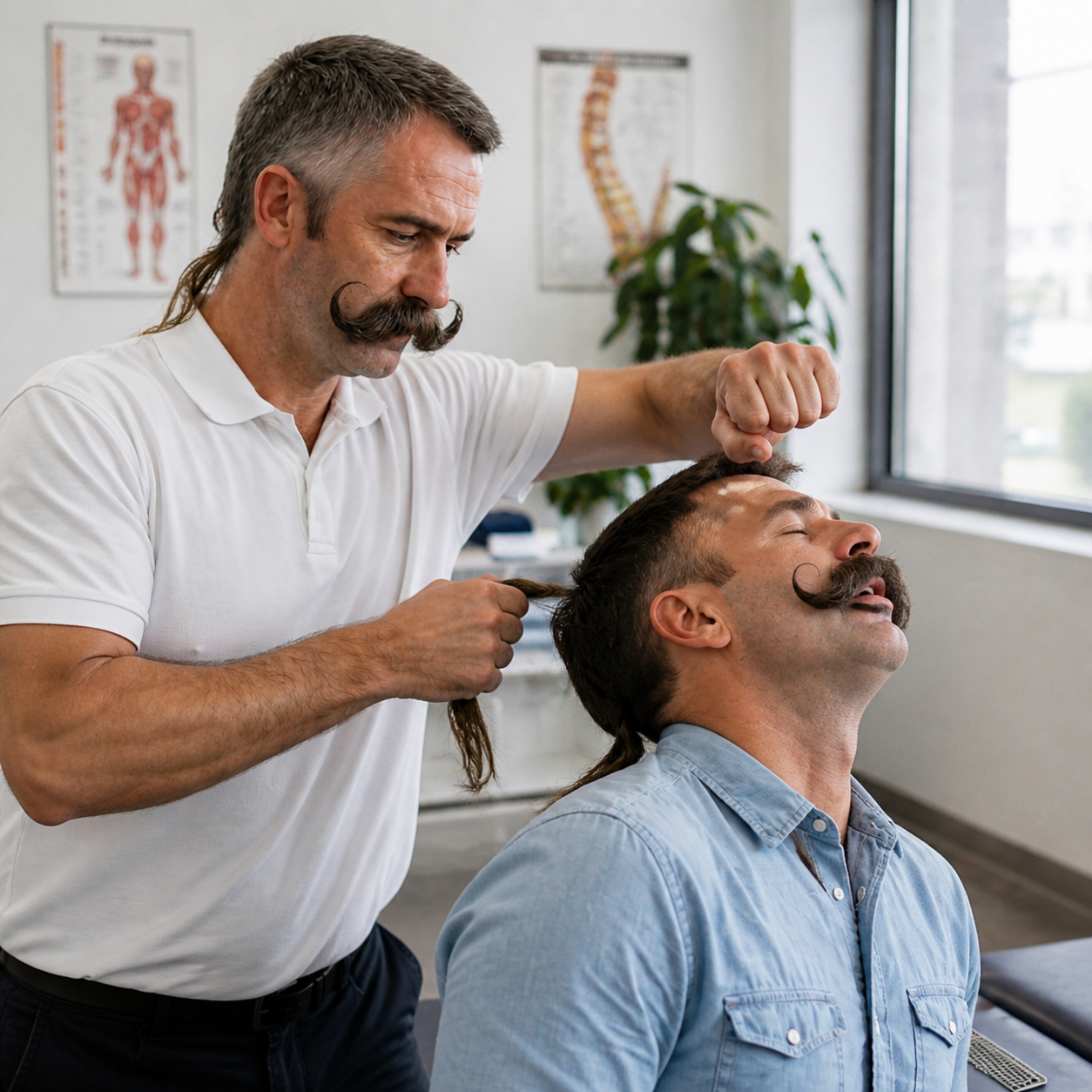 gpt-image-2 render: Dramatic Realistic Photo Of Two Men Hair Pull Head Strike