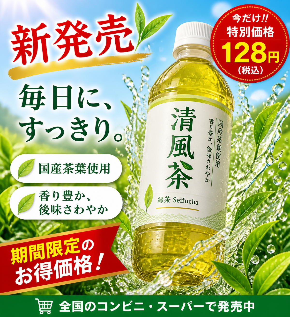 gpt-image-2 render: Sunlit Green Tea Bottle Poster With Water Splashes