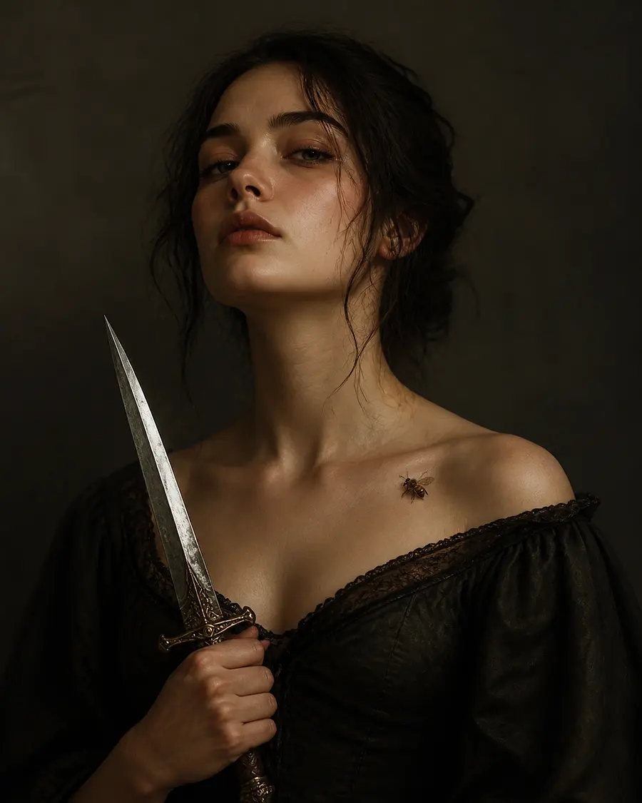 Woman with a bee on her clavicle holding a dagger
