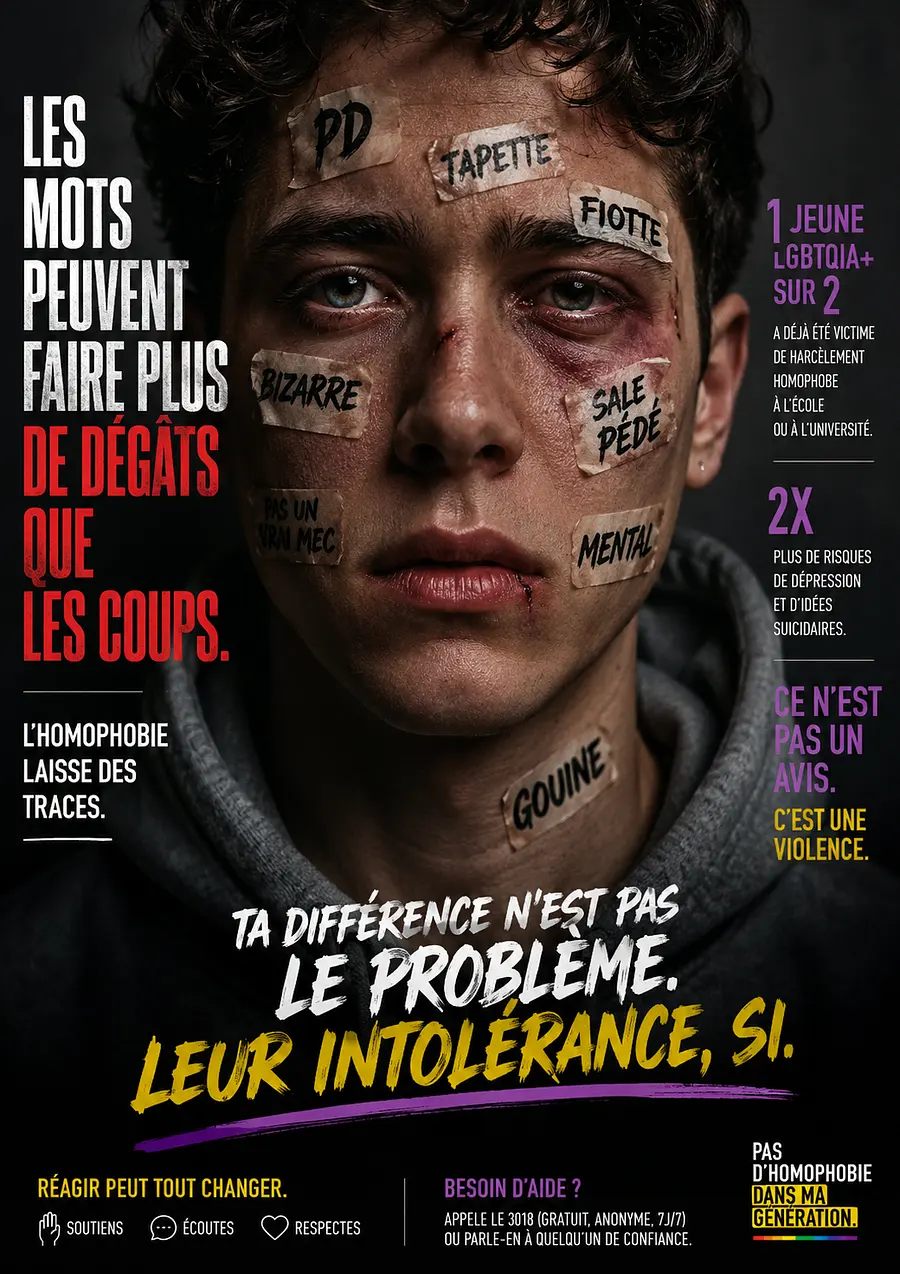 Je veux créer une affiche de campagne de prévention contre l’homophobie, dest...