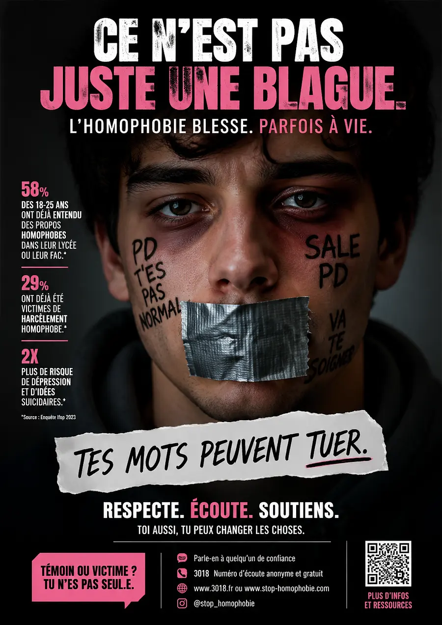 Je veux créer une affiche de campagne de prévention contre l’homophobie, dest...
