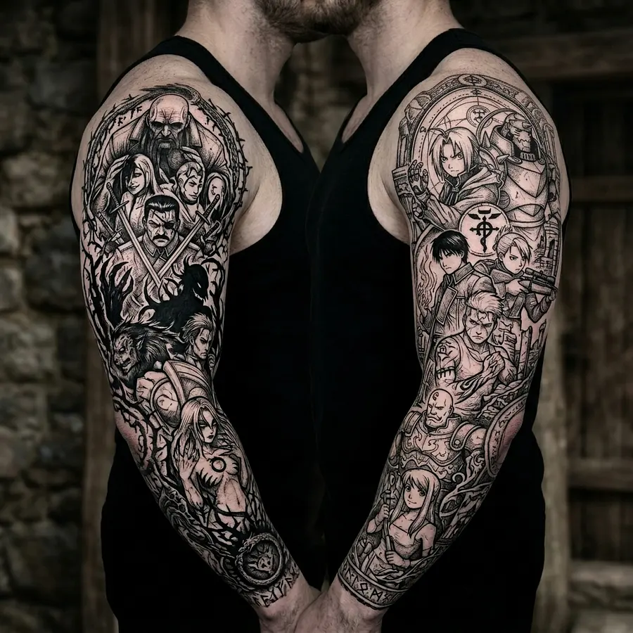 Créer moi un tatouage Full metal Alchimist brotherhood pour les deux bras avec d'un coté les homo...