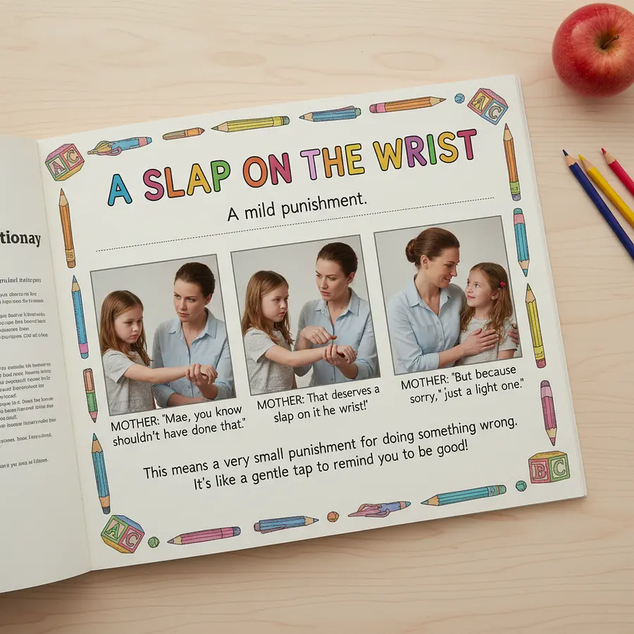 a page from a child's english dictionary, sat in a studio setting, a photographic captioned triptych, the term "a sla...
