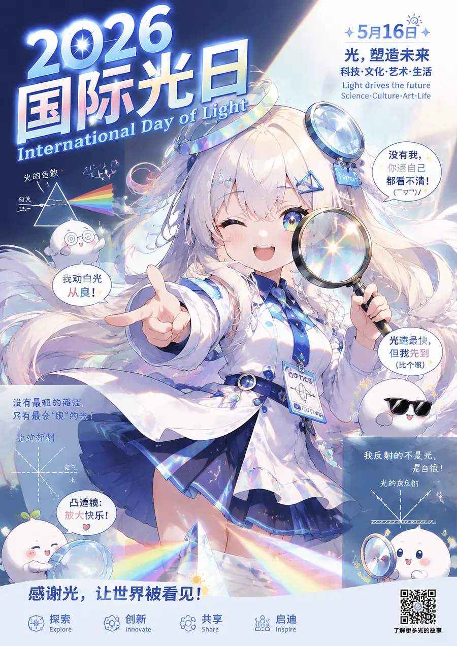 设计一个光学娘，日系二次元主题宣传海报，整体为竖版A4构图  生成2026国际光日的宣传图片，带有一些光学的相关搞笑梗