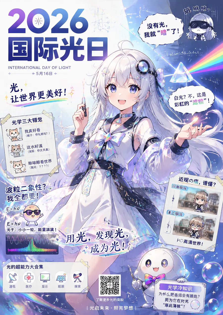 设计一个光学娘，日系二次元主题宣传海报，整体为竖版A4构图  生成2026国际光日的宣传图片，带有一些光学的相关搞笑梗